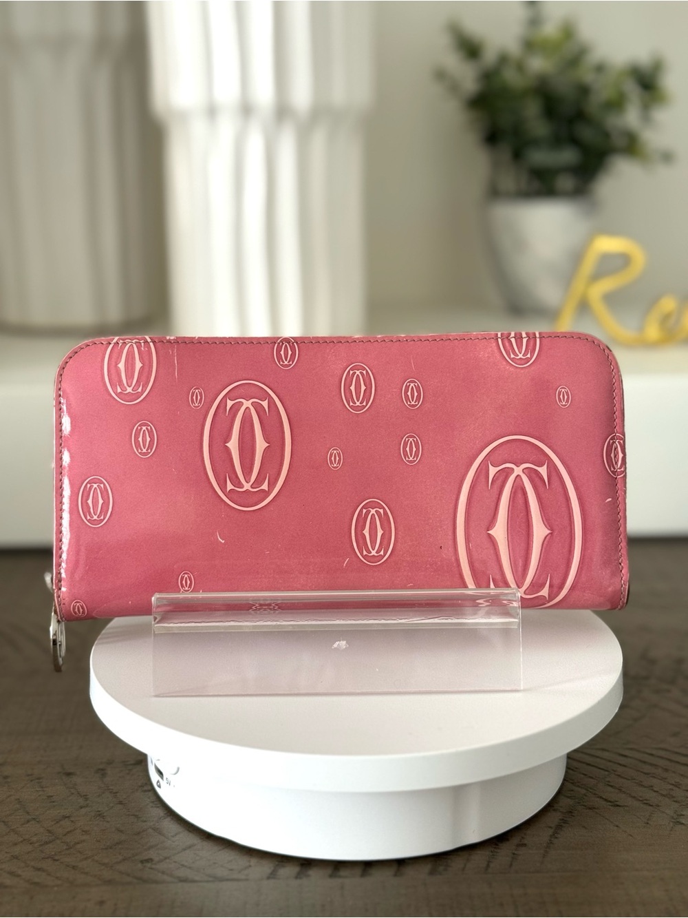 Cartier Happy Birthday Zip Around Wallet Pink Patent Leather Long Wallet
